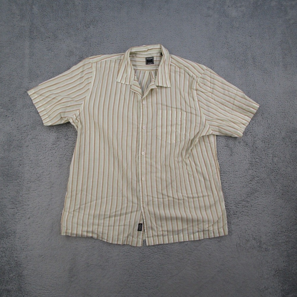 Todd Snyder Mens XL Green Striped Short Sleeve Camp Collar Shirt Loop Collar